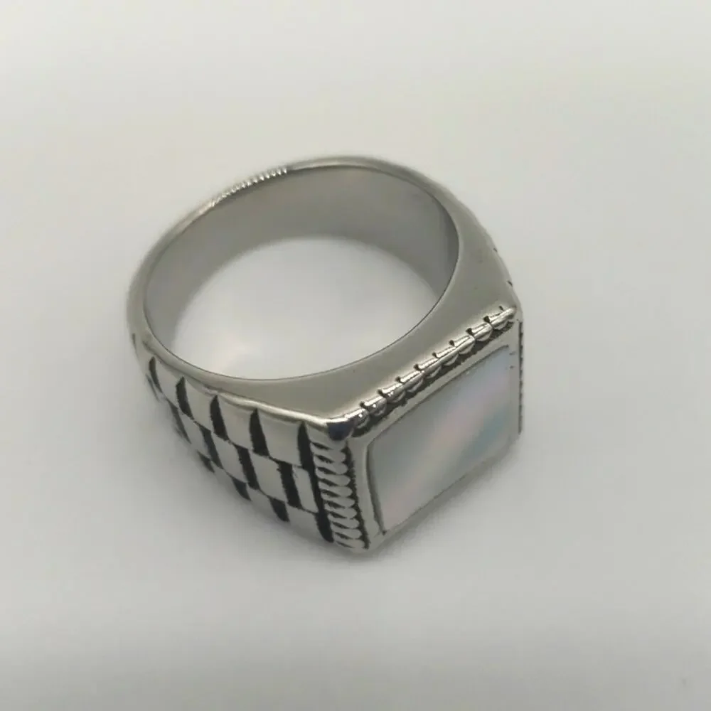 Men’s Mother of Pearl Stainless Steel Signet Ring Size 10.5 Handmade NWT